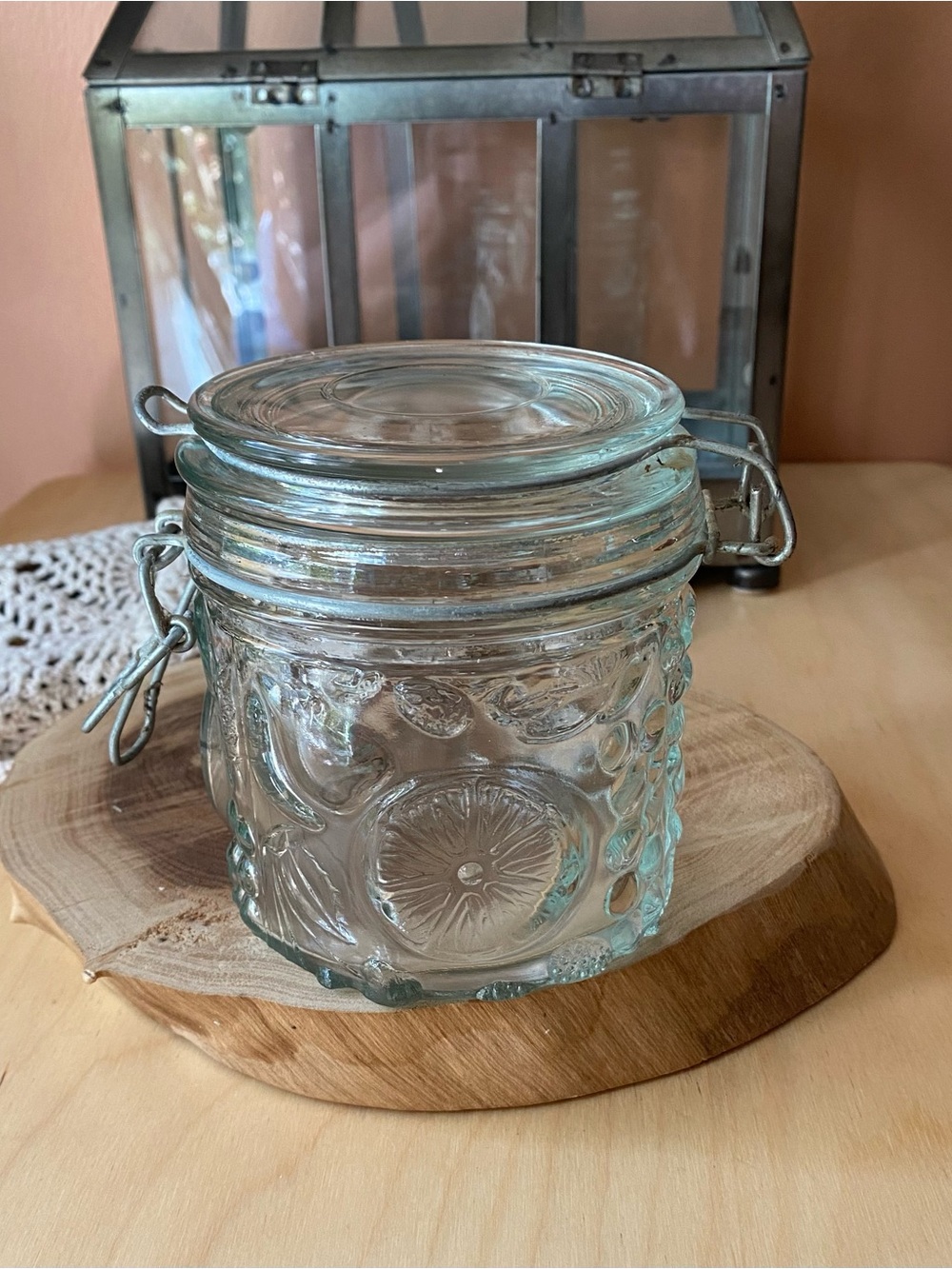 Glass Clamp-Lid Storage Jar Vintage embossed Decor